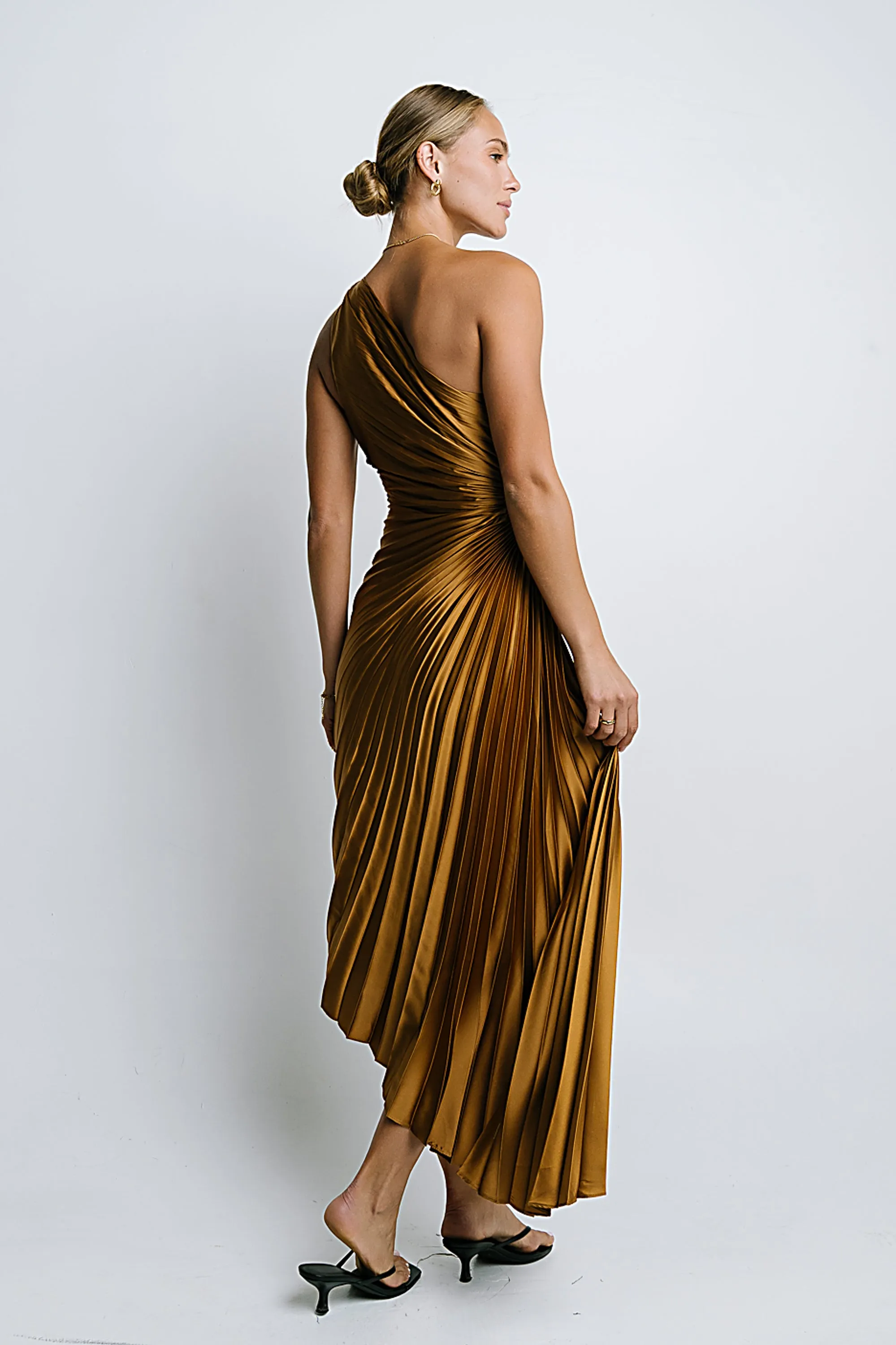Asymmetrical Pleated Maxi Dress in Gold sold by bohme product image thumbnail 3