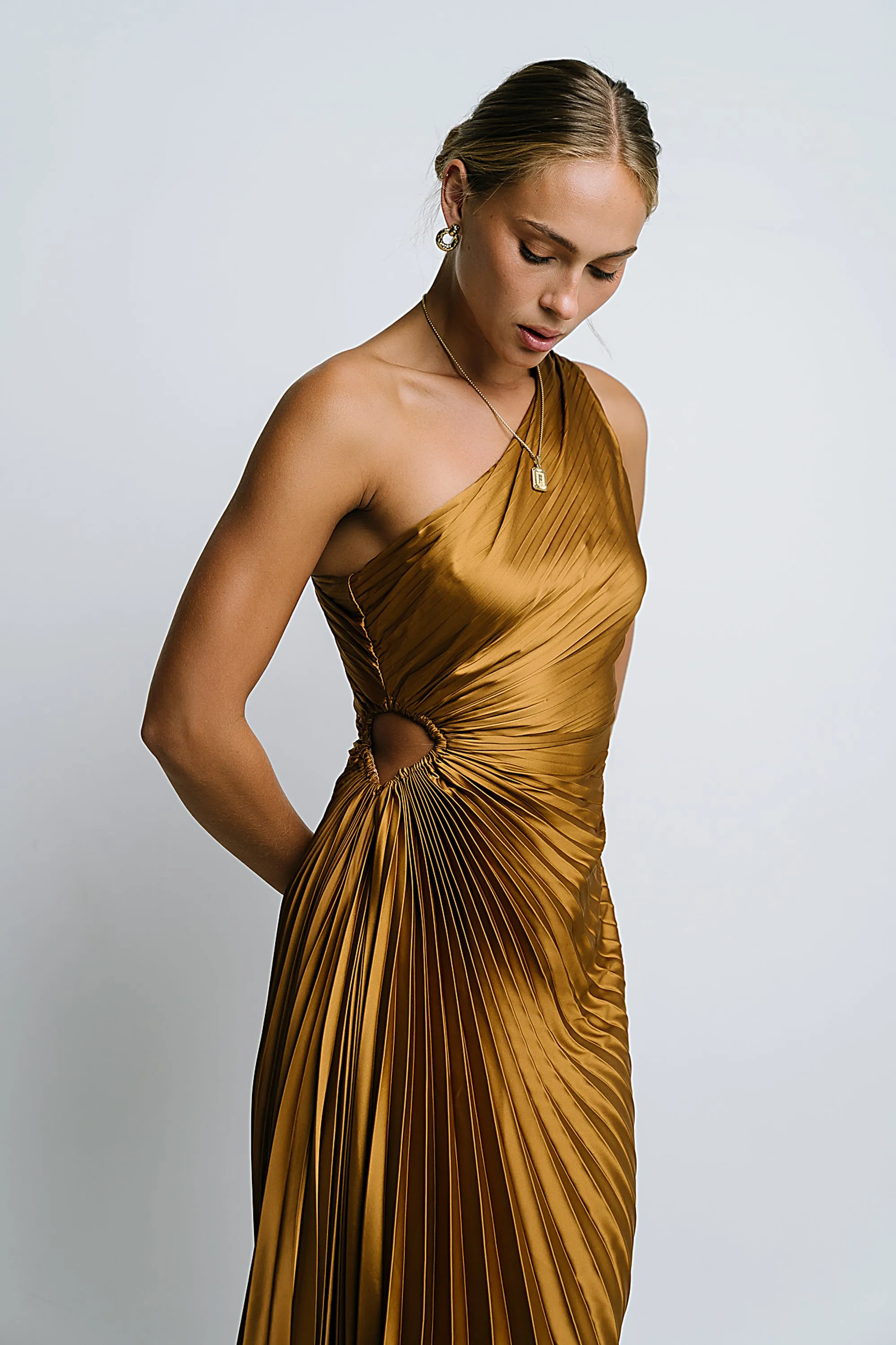 Asymmetrical Pleated Maxi Dress in Gold sold by bohme product image thumbnail 2