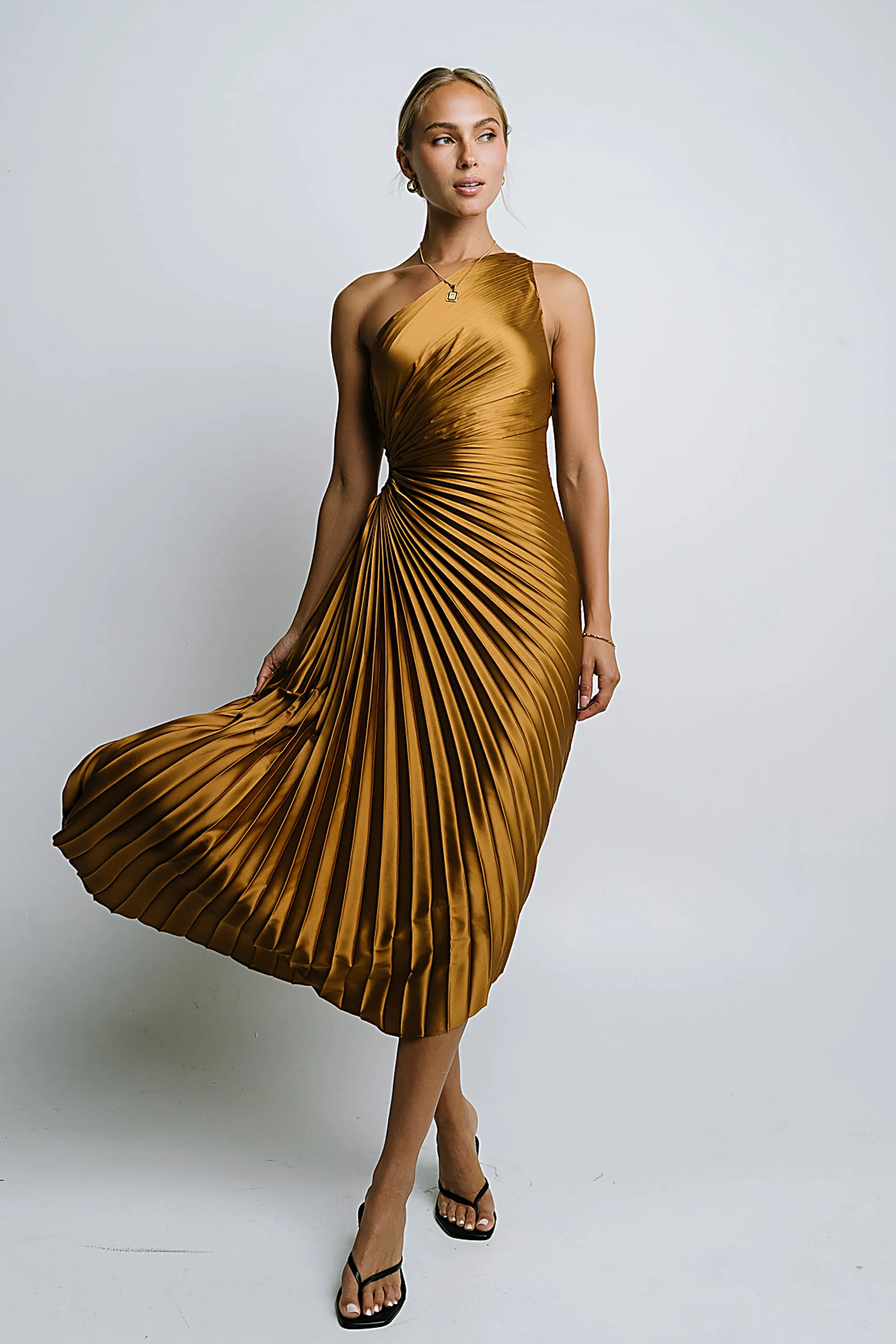 Asymmetrical Pleated Maxi Dress in Gold sold by bohme product image thumbnail 5