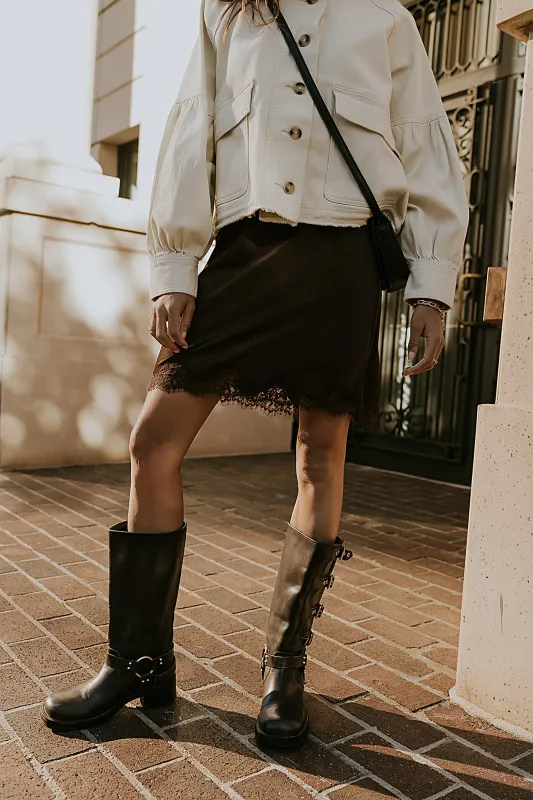 Harper Lace Trim Mini Skirt in Brown sold by bohme