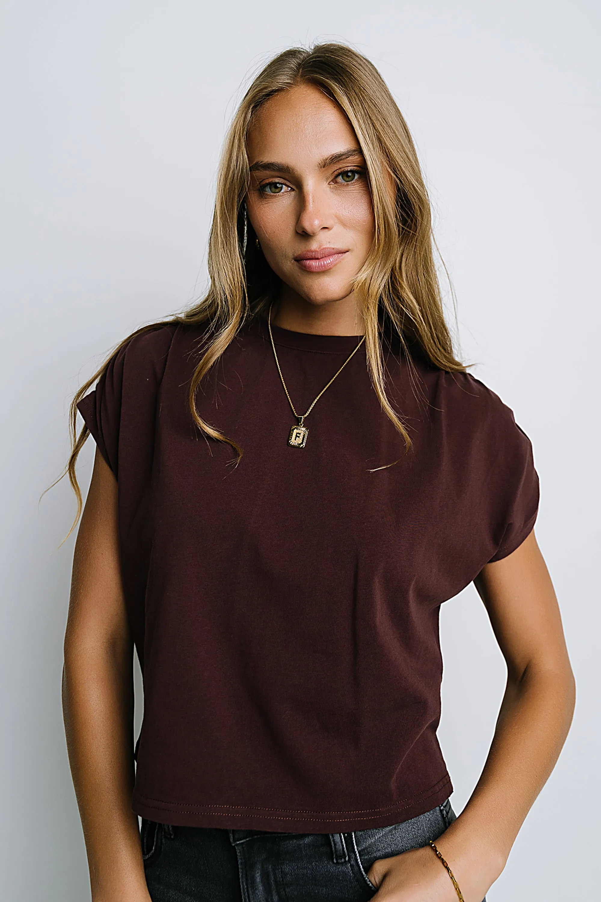 Noelle Ruched Top in Red-Brown sold by bohme