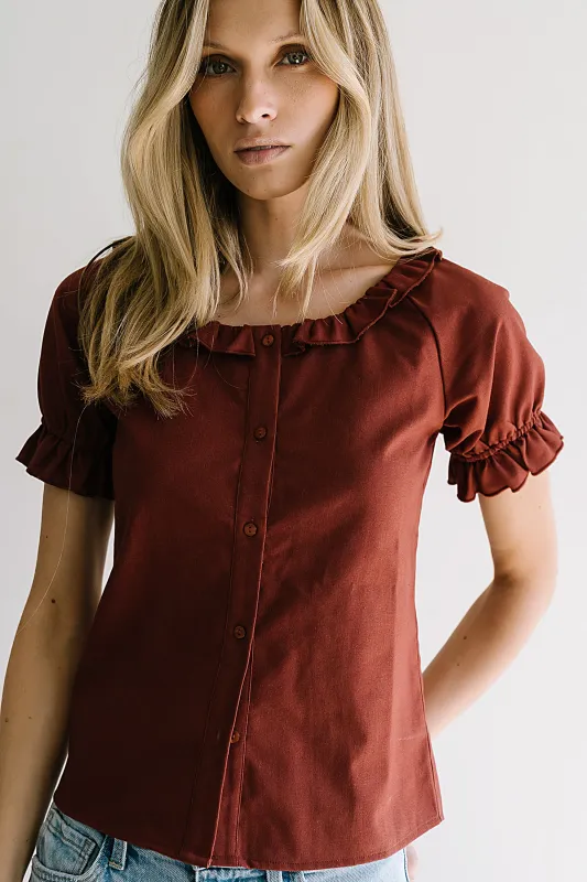 Connie Ruffle Blouse in Rust sold by bohme