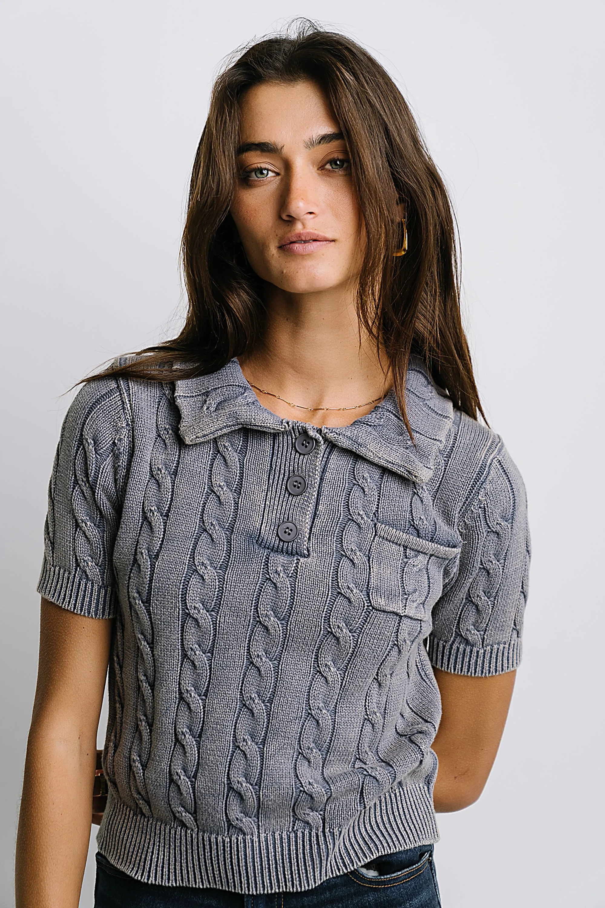 Halle Cable Knit Top in Blue sold by bohme