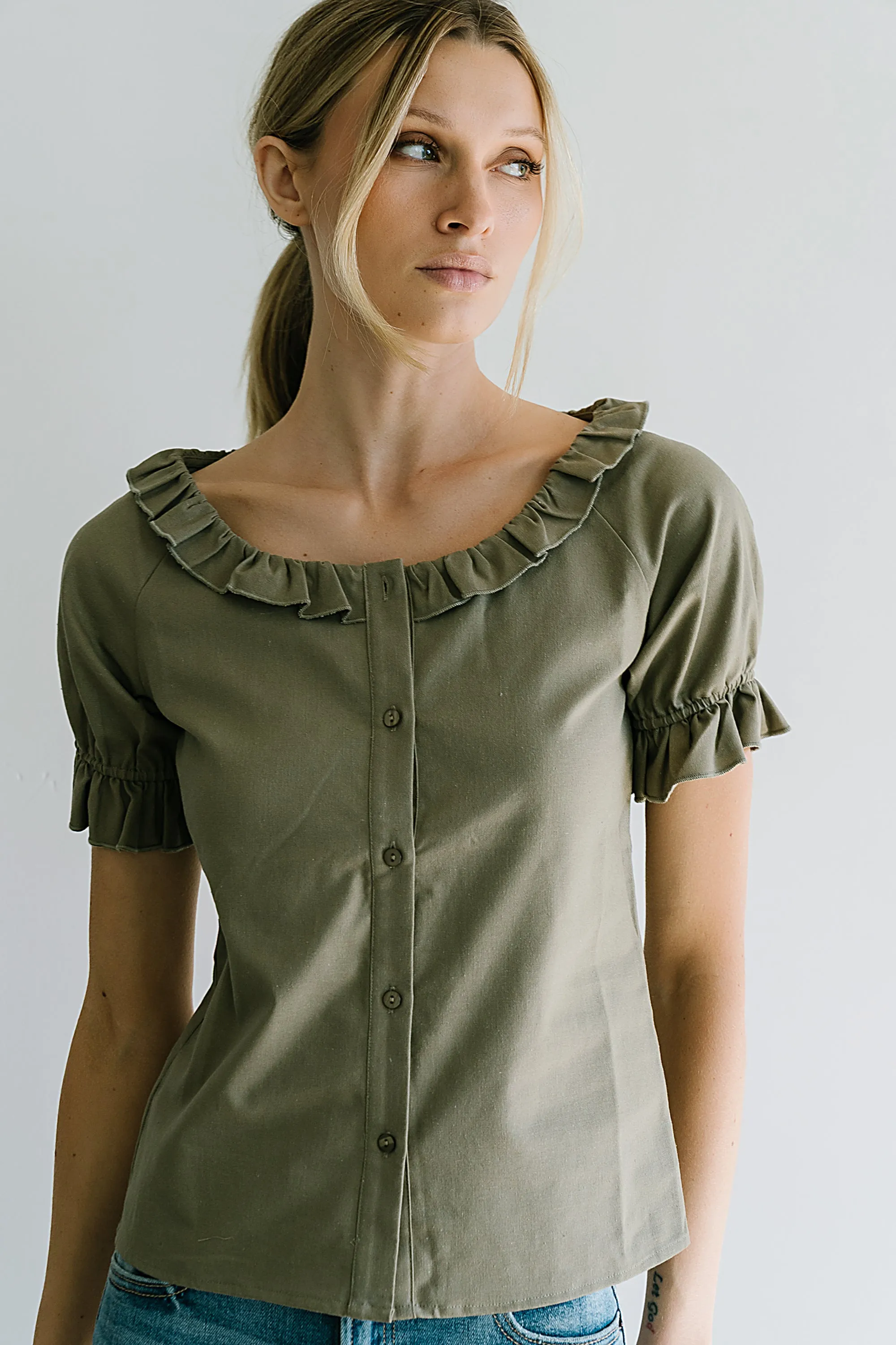 Connie Ruffle Blouse in Olive sold by bohme