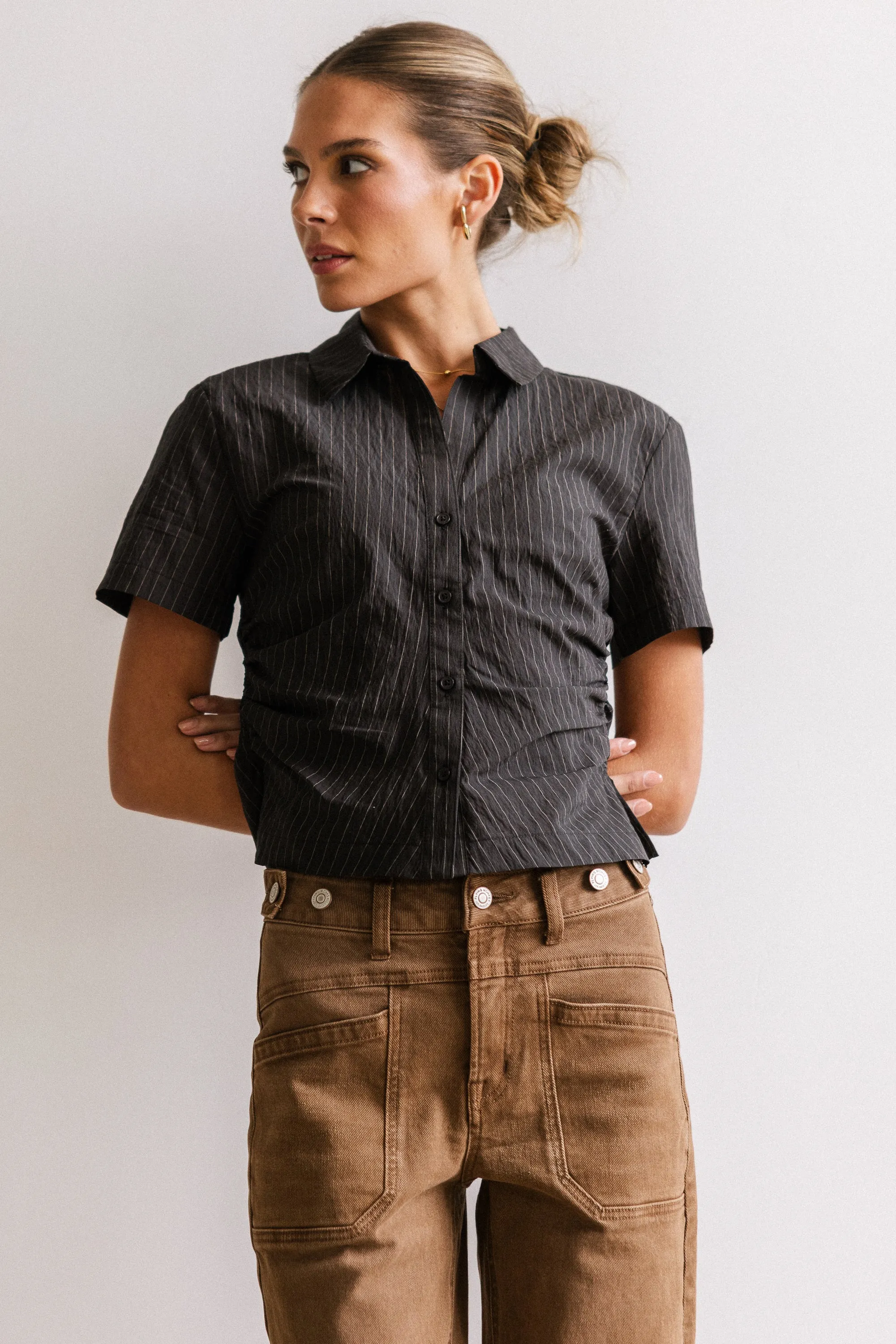 Brandy Ruched Button Up in Black - FINAL SALE sold by bohme