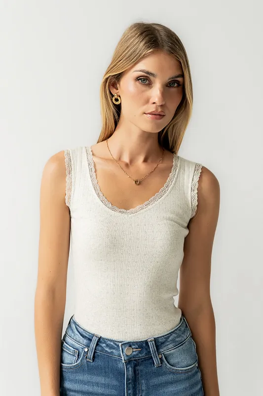 Mackie Lace Trim Tank in Heather Grey sold by bohme