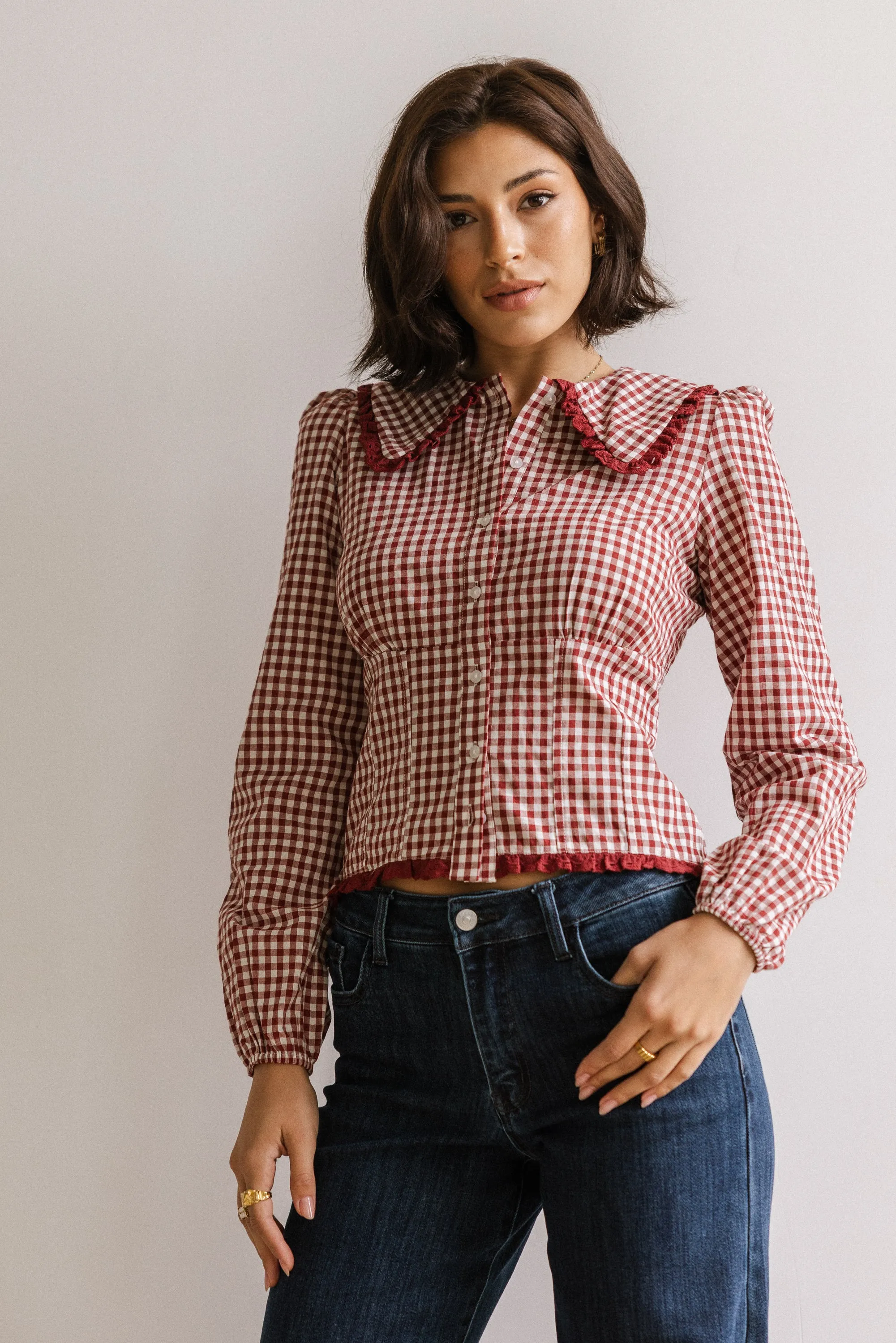 Brenna Gingham Blouse in Burgundy sold by bohme product image thumbnail 4