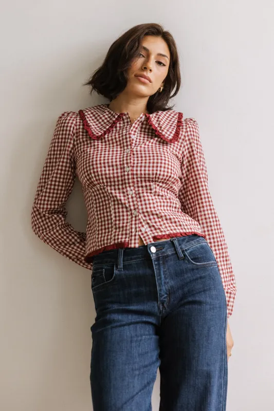 Brenna Gingham Blouse in Burgundy sold by bohme
