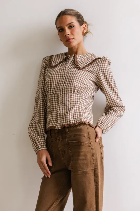 Brenna Gingham Blouse in Mocha sold by bohme