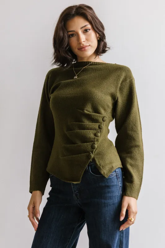 Jerzey Asymmetrical Sweater in Olive sold by bohme