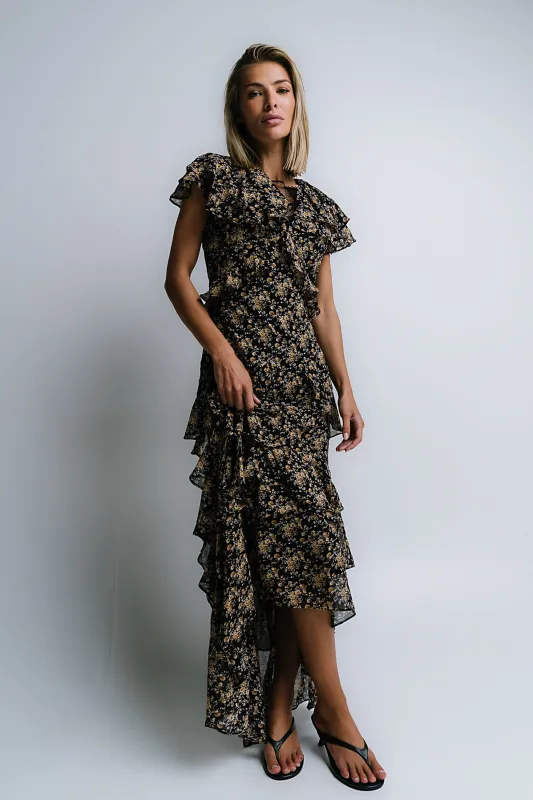 James Ruffle Maxi Dress in Black sold by bohme