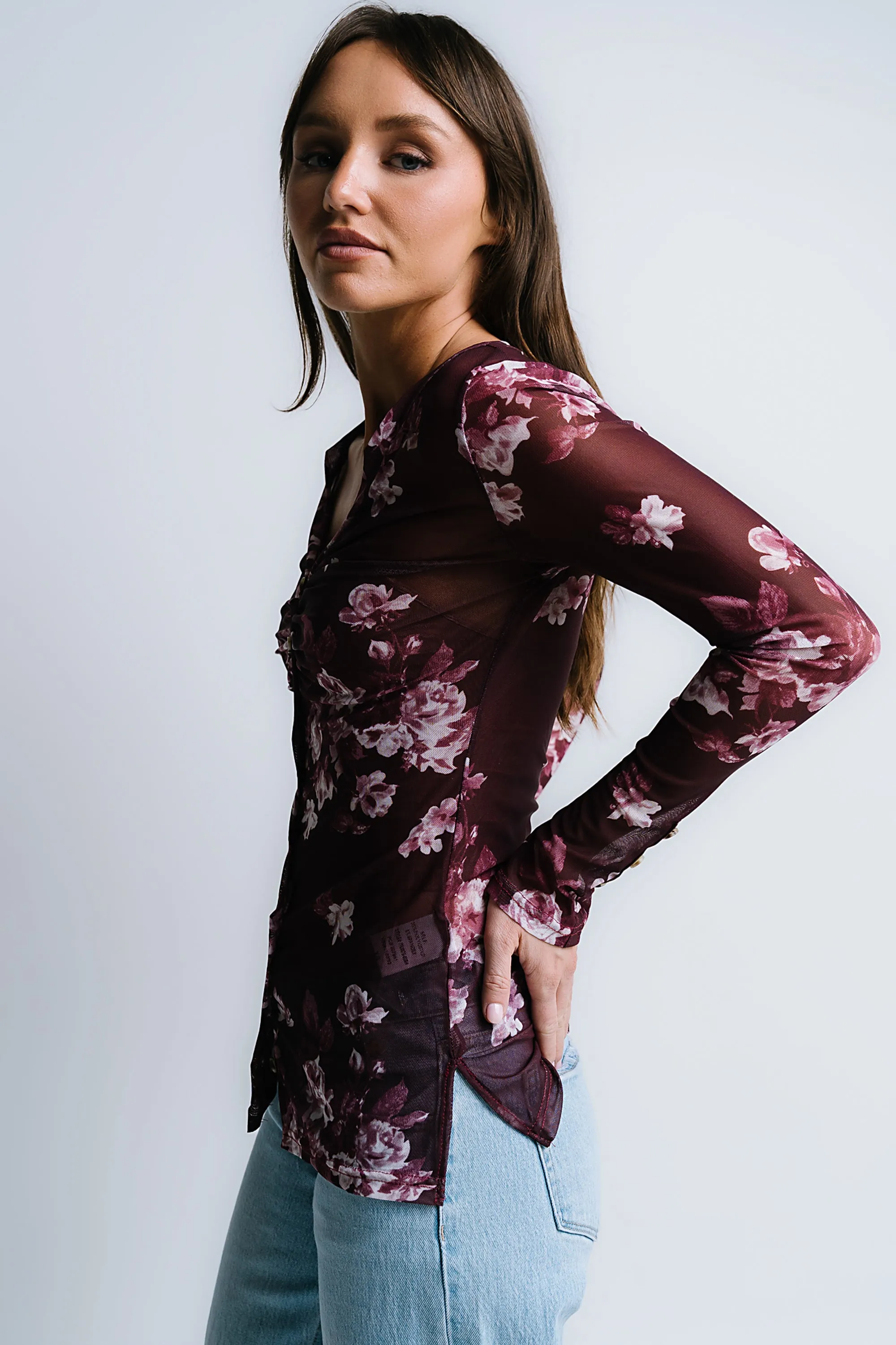 Sammy Floral Mesh Top in Wine sold by bohme product image thumbnail 5