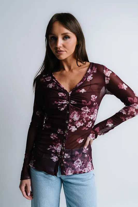 Sammy Floral Mesh Top in Wine sold by bohme