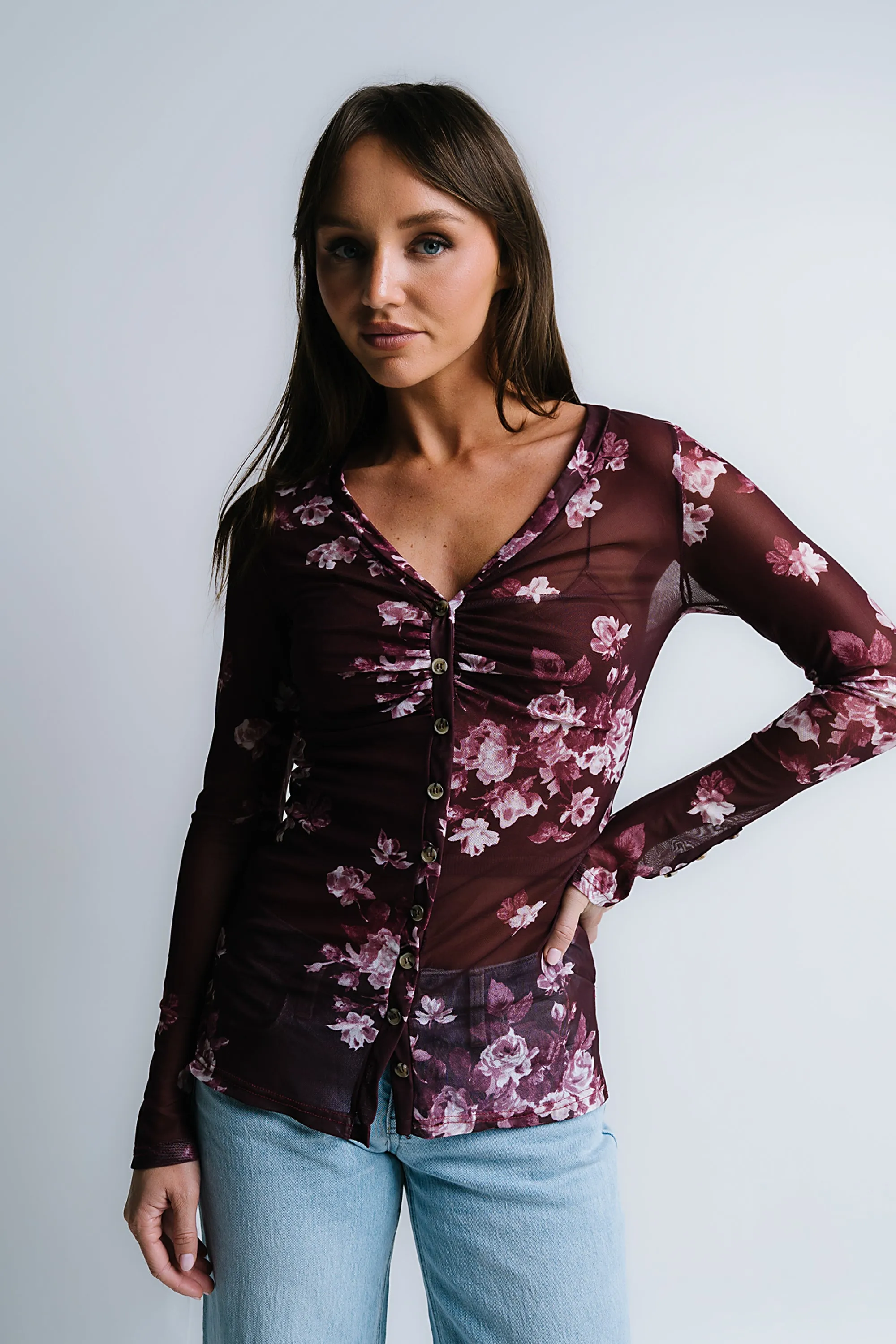Sammy Floral Mesh Top in Wine sold by bohme
