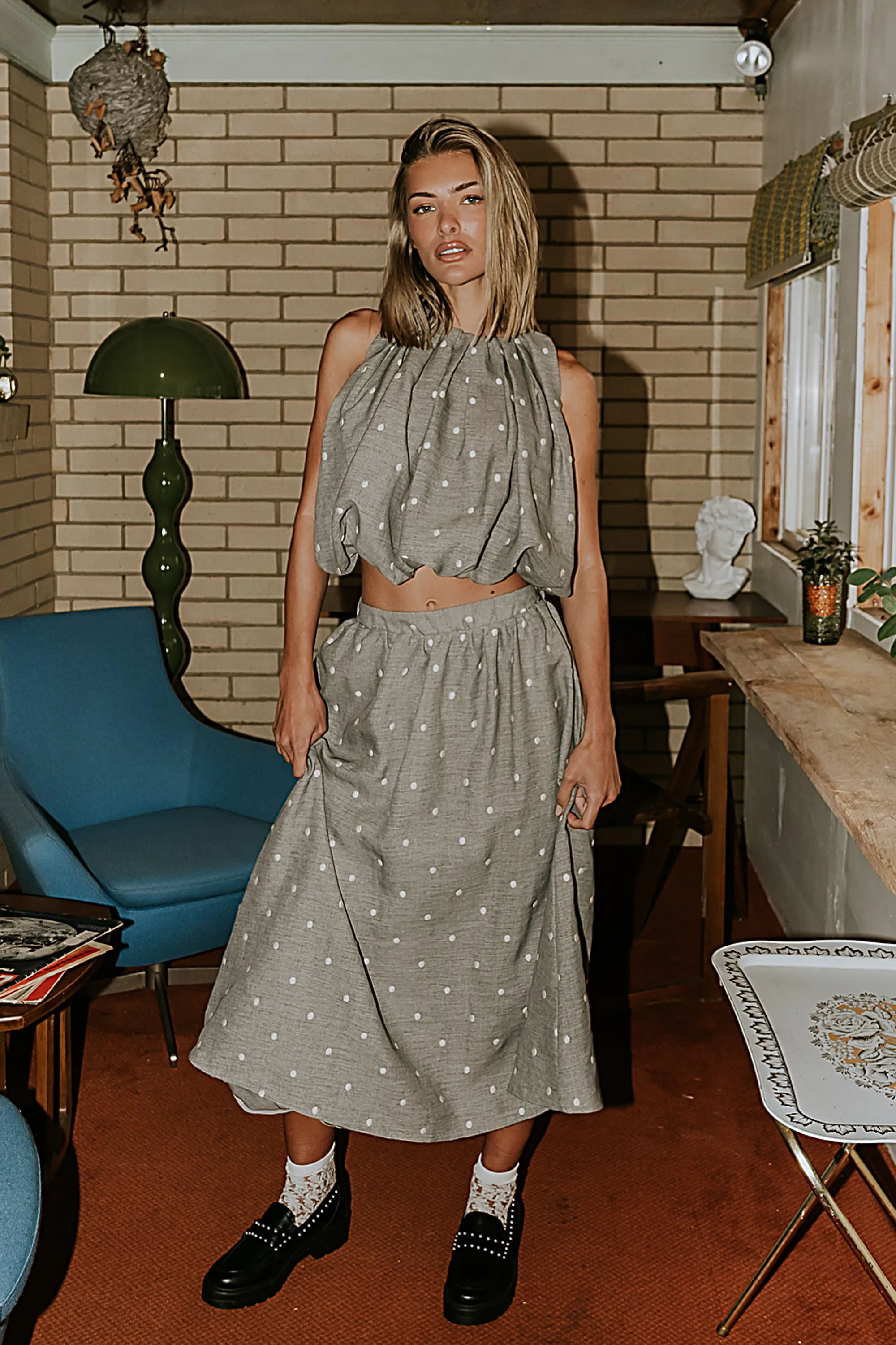 Jozie Polka Dot Midi Skirt sold by bohme