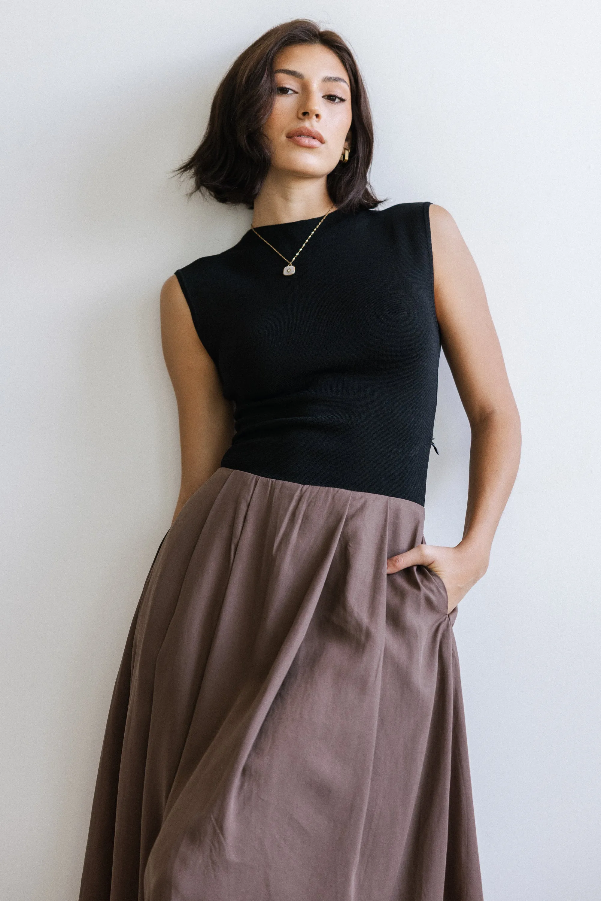 Tristan Mixed Media Midi Dress in Brown sold by bohme product image thumbnail 2