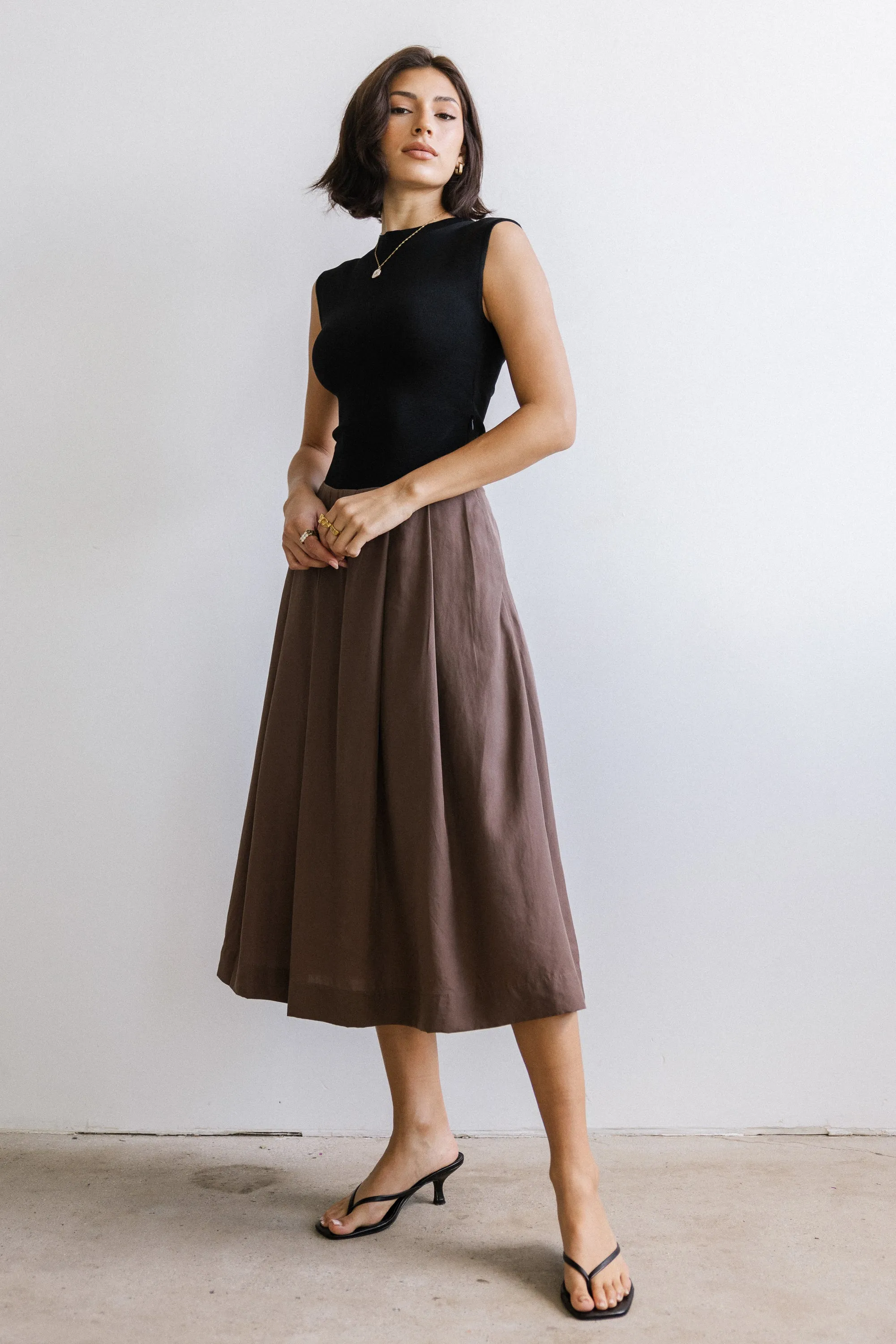 Tristan Mixed Media Midi Dress in Brown sold by bohme