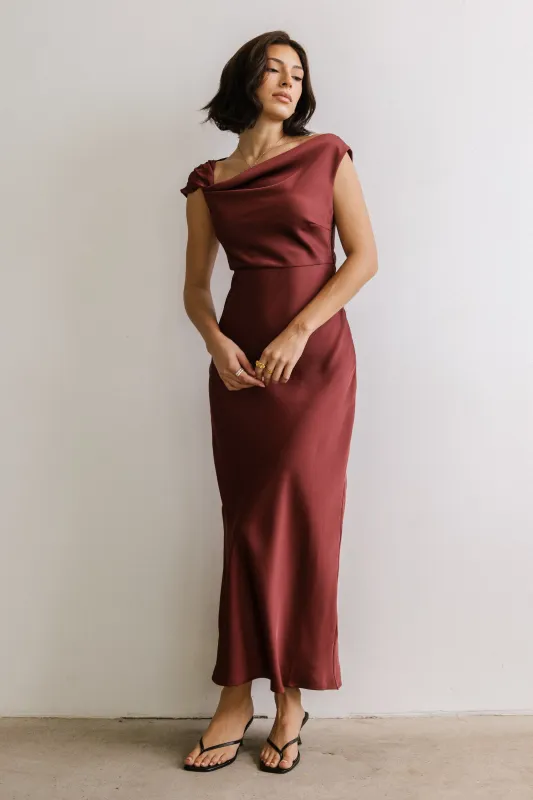 Rodney Asymmetrical Maxi Dress in Burgundy sold by bohme