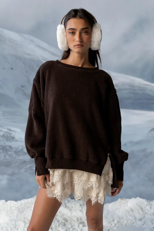 Moxie Oversized Sherpa Sweater in Brown sold by bohme