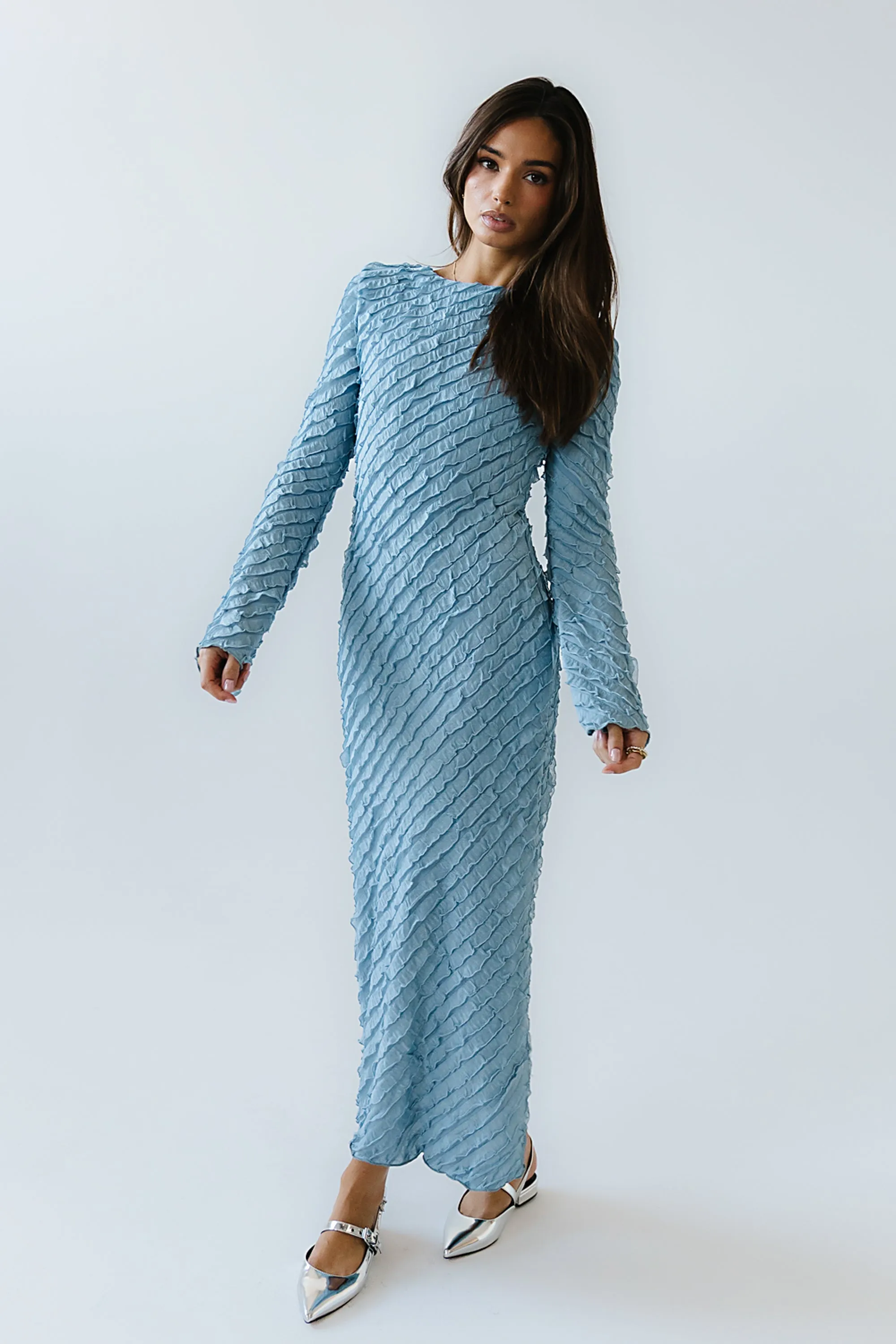 Bell Ruffle Maxi Dress in Blue sold by bohme product image thumbnail 4