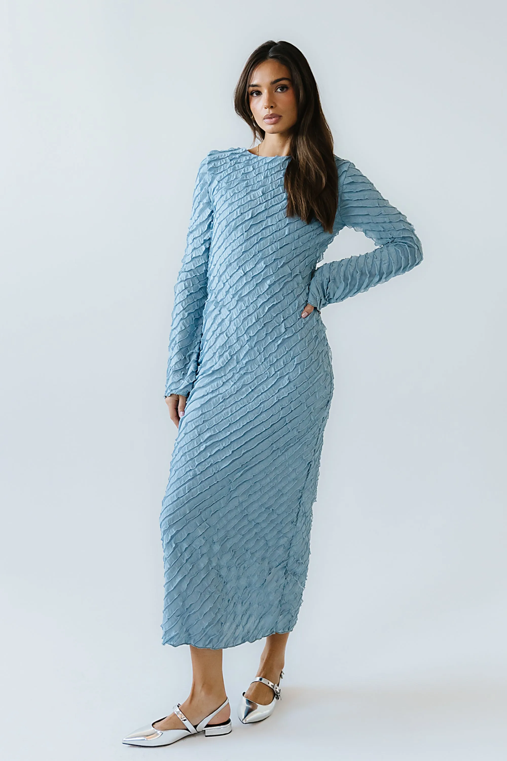 Bell Ruffle Maxi Dress in Blue sold by bohme product image thumbnail 5