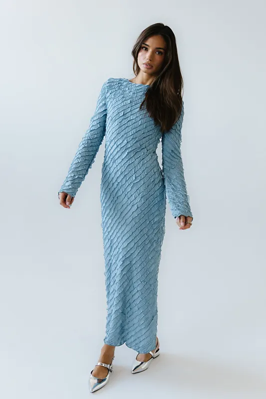 Bell Ruffle Maxi Dress in Blue sold by bohme