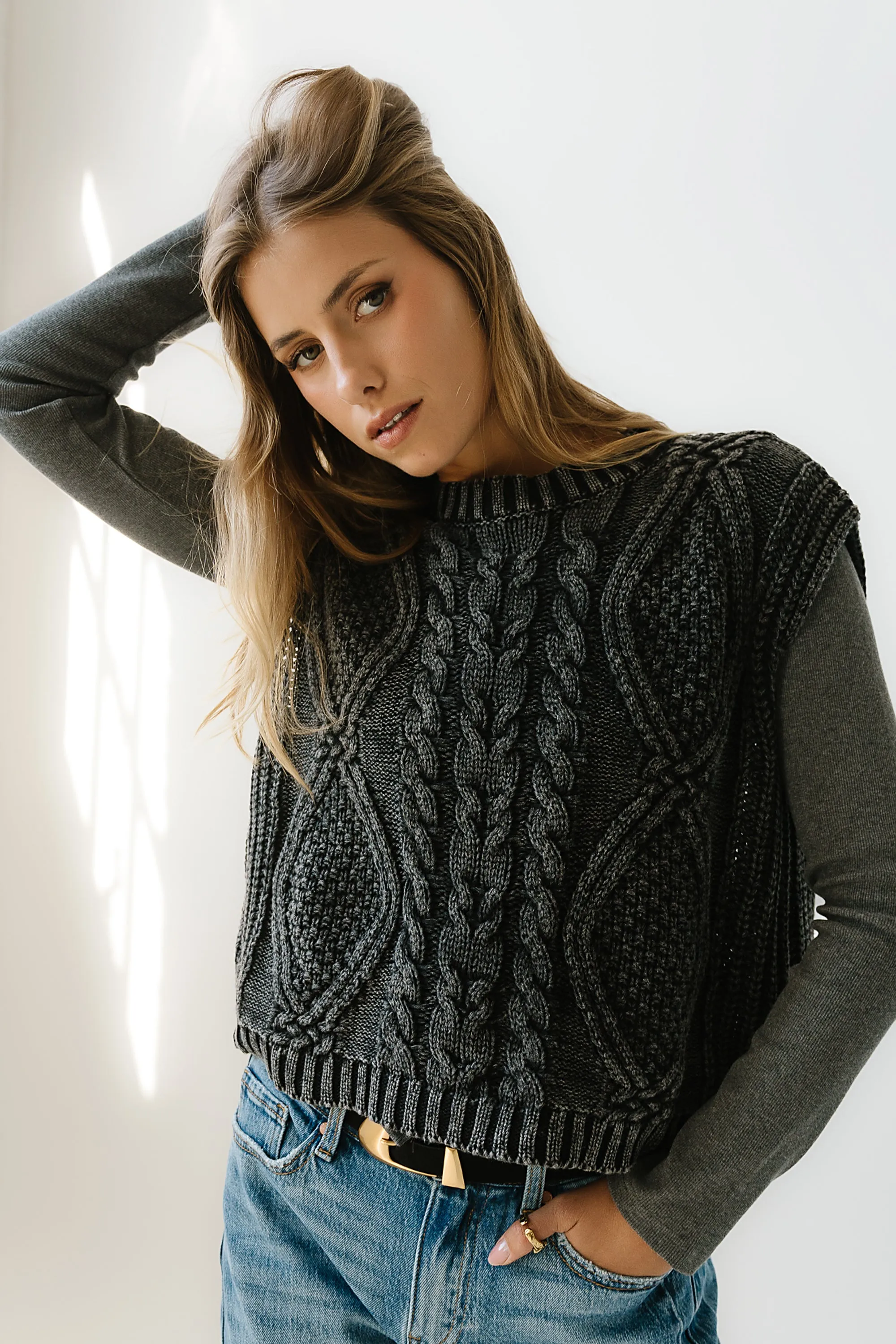 Rebecca Cable Knit Vest in Charcoal sold by bohme