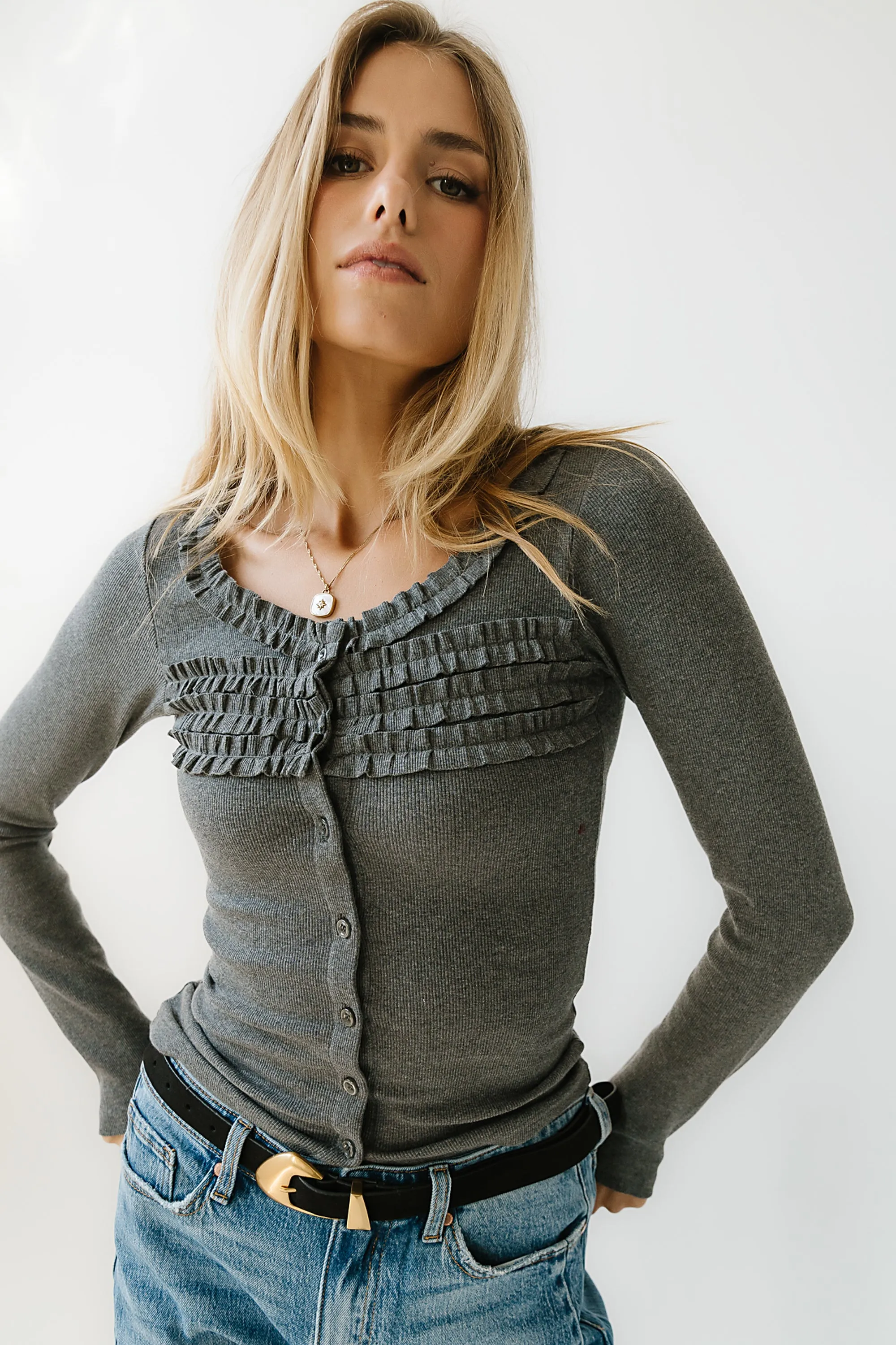 Mattie Ruffle Top in Heather Grey sold by bohme product image thumbnail 3