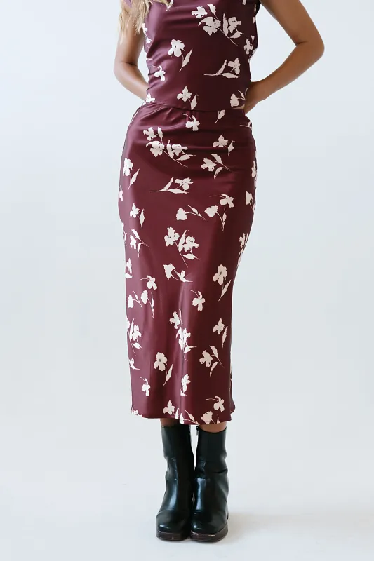 Carsyn Floral Maxi Skirt in Red-Brown sold by bohme