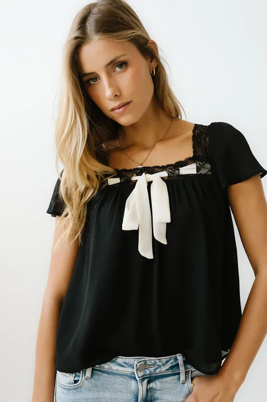 Gianna Lace Trim Blouse in Black sold by bohme