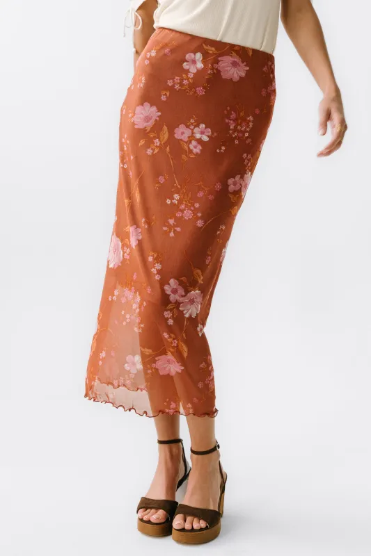 Carly Mesh Midi Skirt in Rust sold by bohme