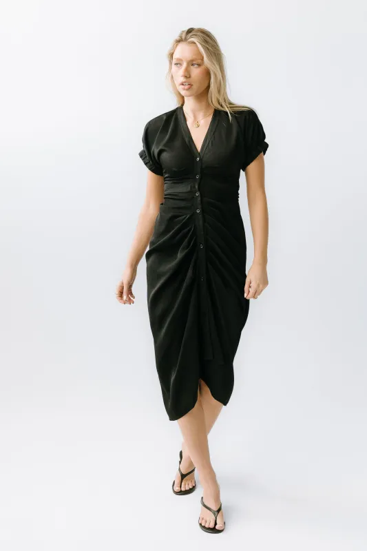 Opie Satin Midi Dress in Black sold by bohme