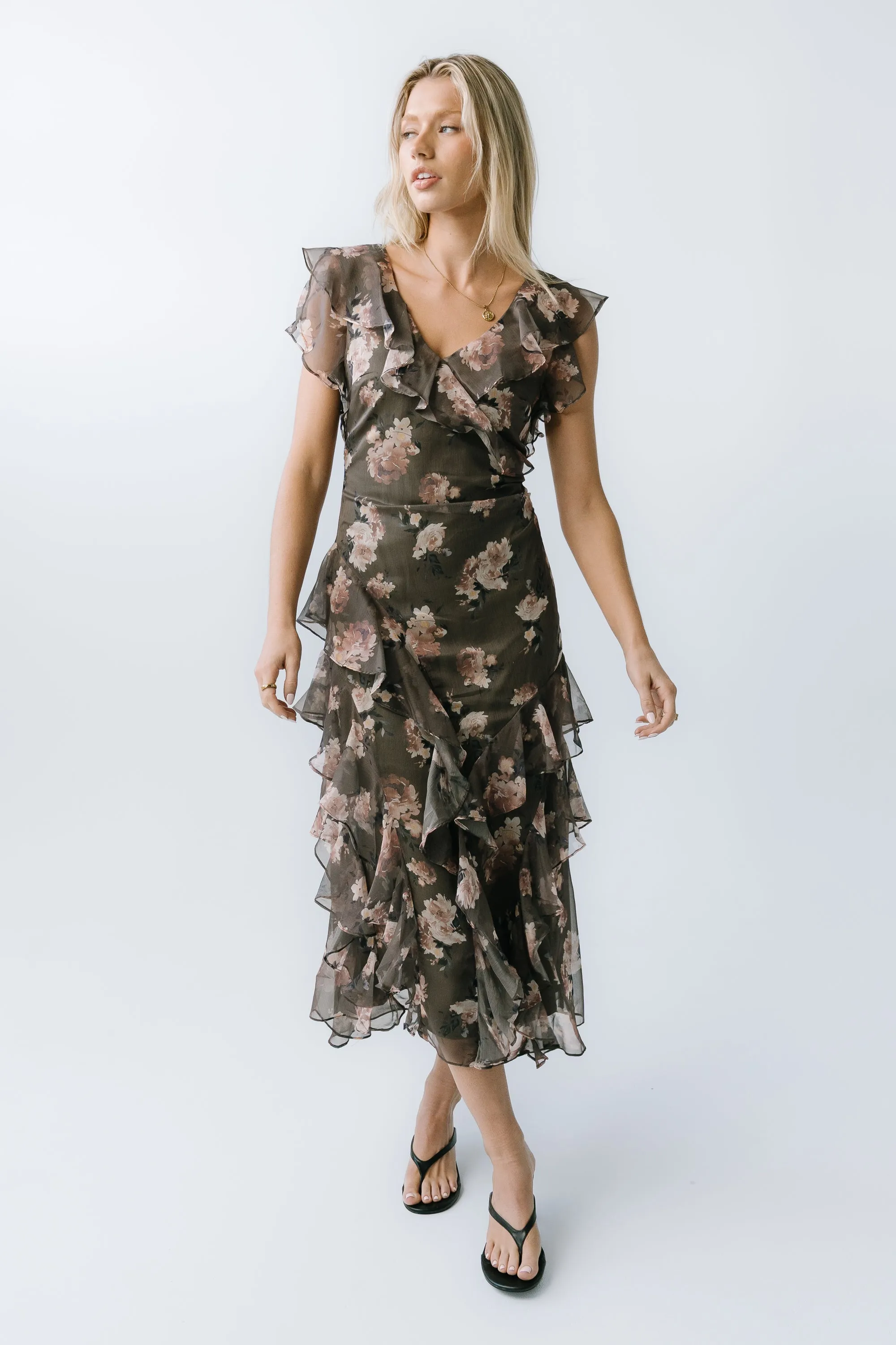 Kensie Ruffle Maxi Dress sold by bohme