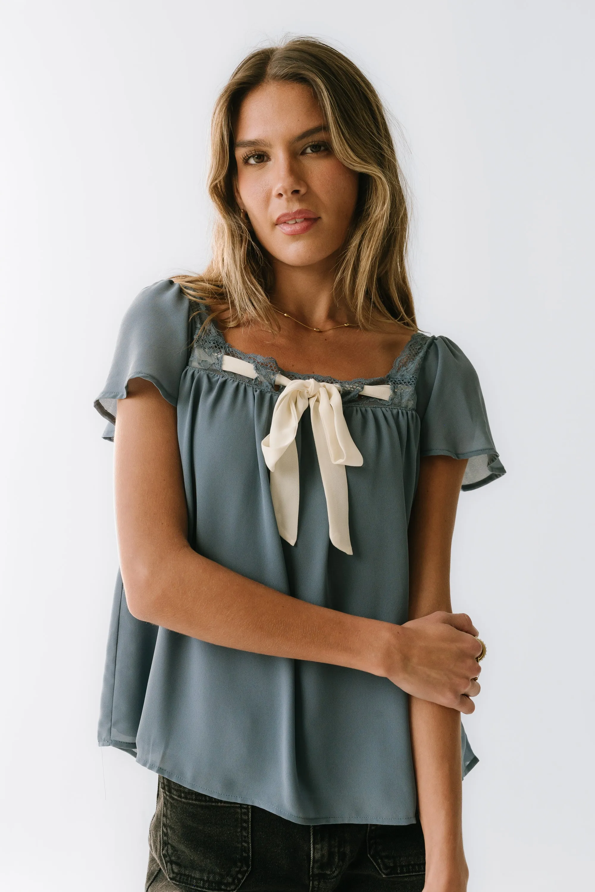 Gianna Lace Trim Blouse in Blue sold by bohme