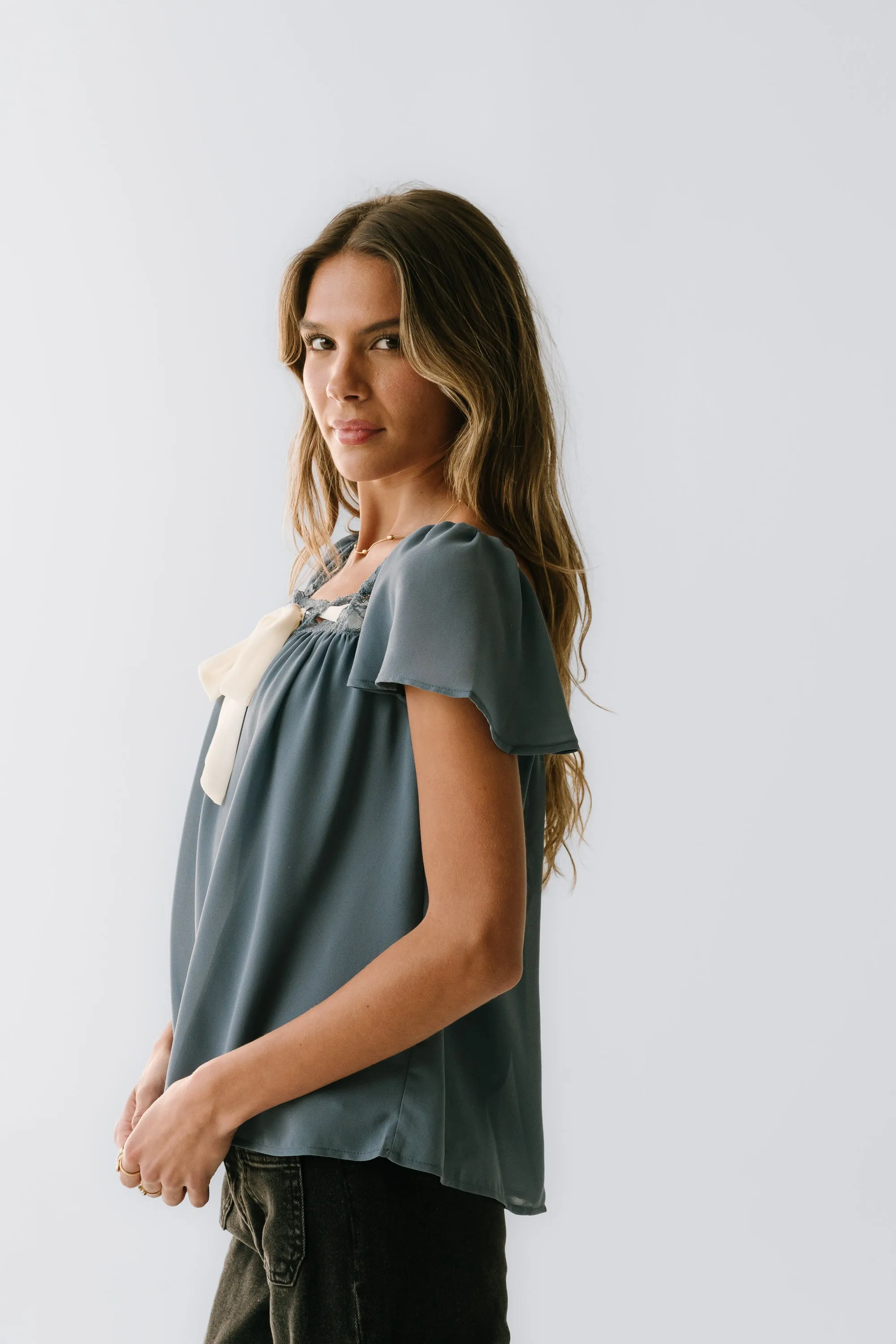 Gianna Lace Trim Blouse in Blue sold by bohme product image thumbnail 4