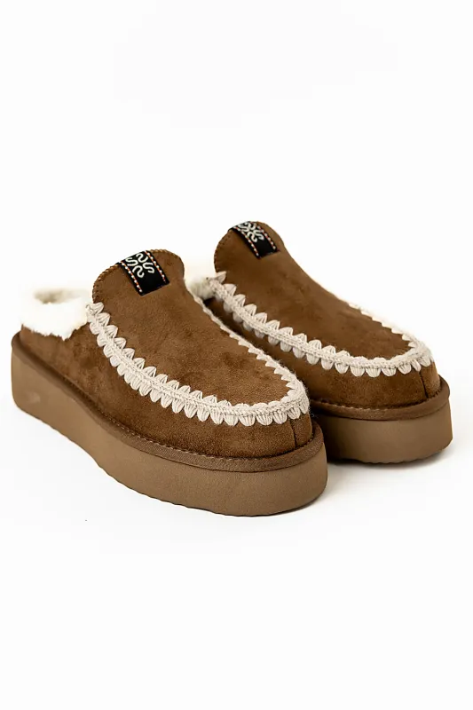 Cecily Platform Slipper in Camel sold by bohme