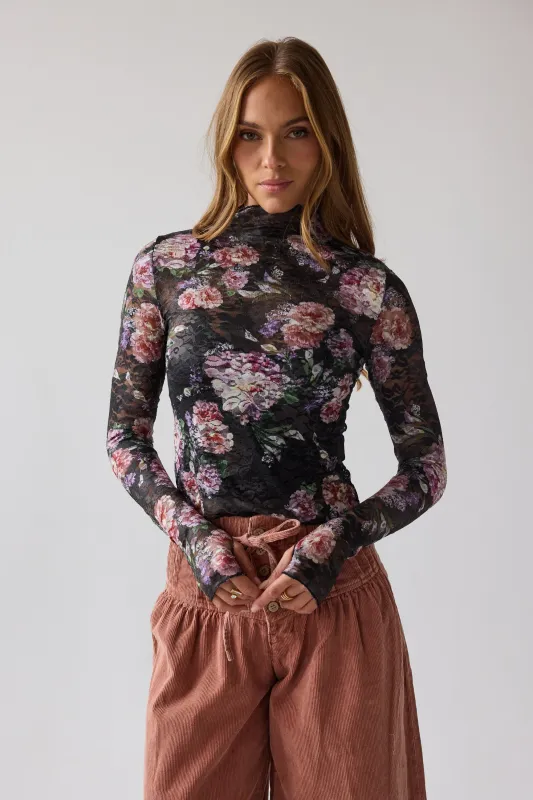 Winnie Floral Crinkle Top in Black sold by bohme