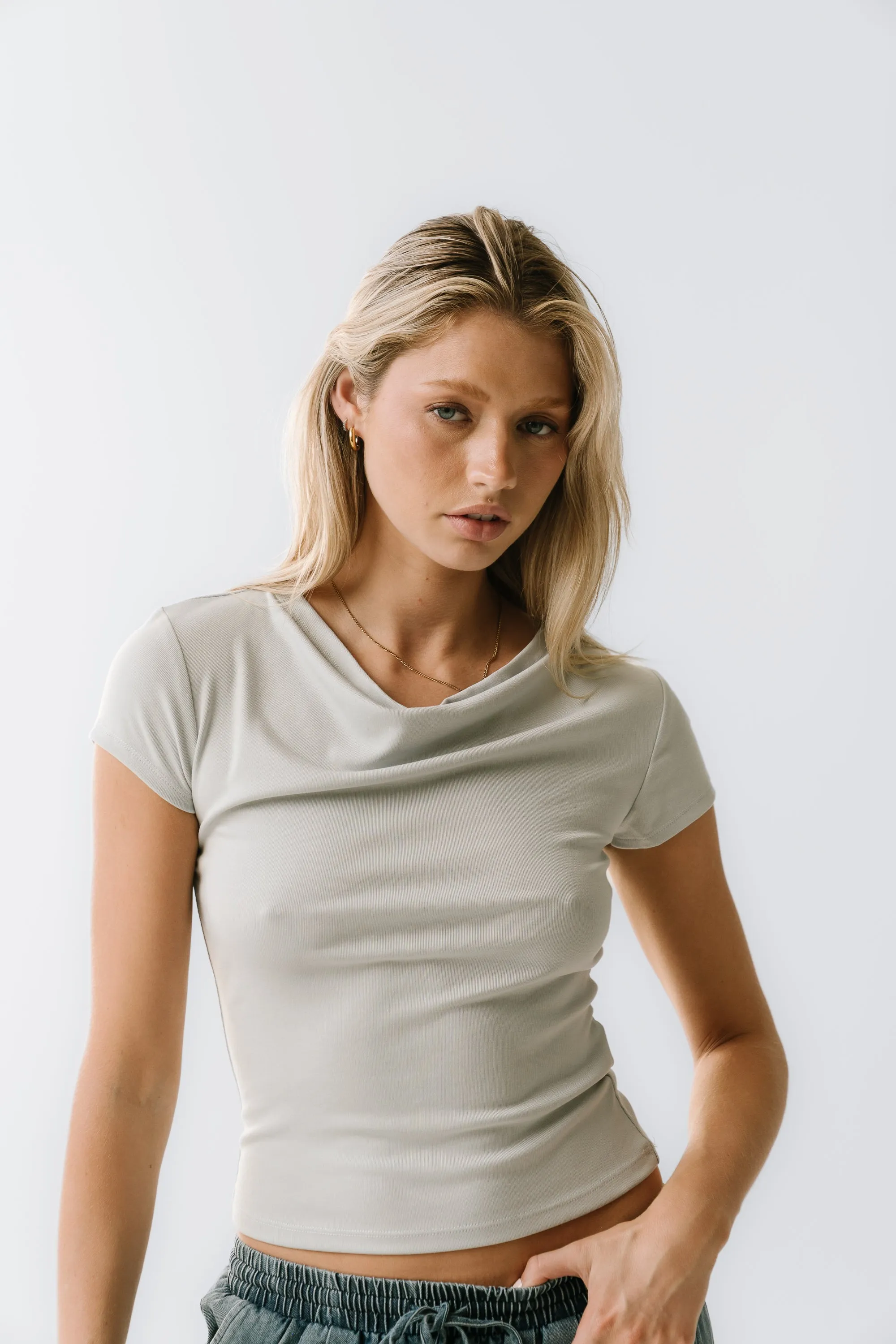 Paula Cowl Neck Top in Light Blue sold by bohme