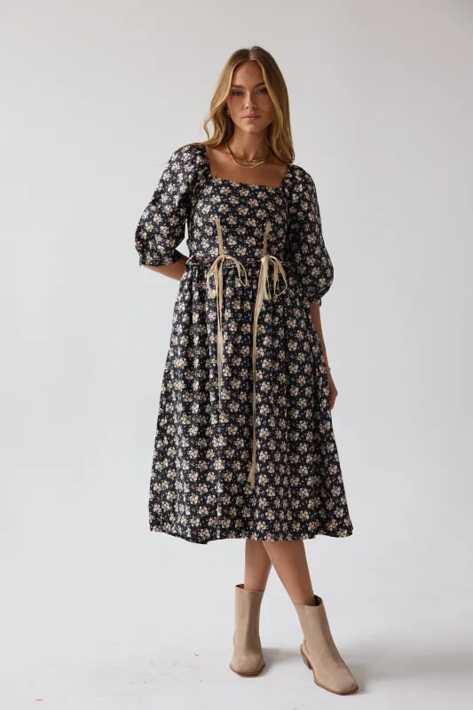 Gloria Floral Midi Dress in Black sold by bohme