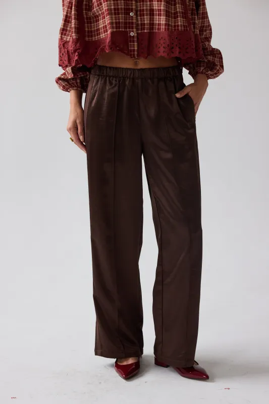 Gemma Satin Wide Leg Pants in Brown sold by bohme