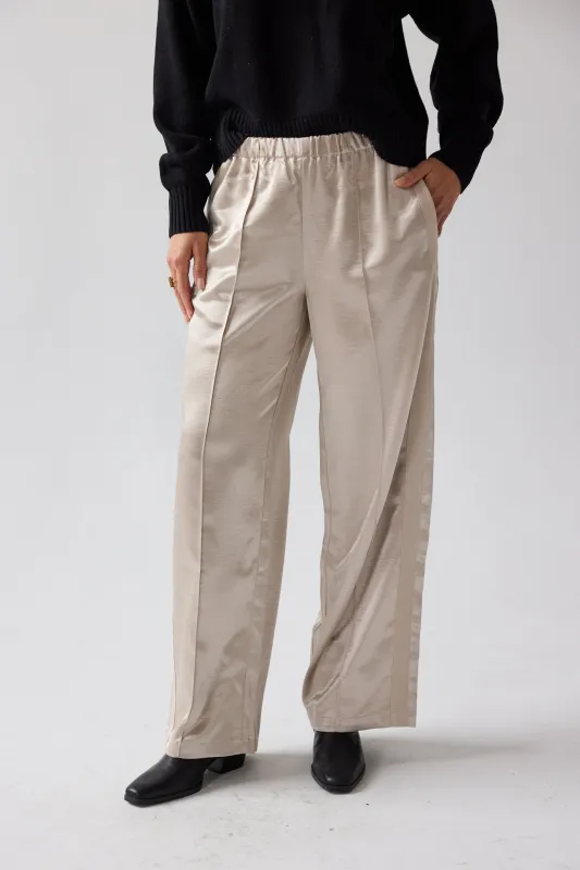 Gemma Satin Wide Leg Pants in Champagne sold by bohme