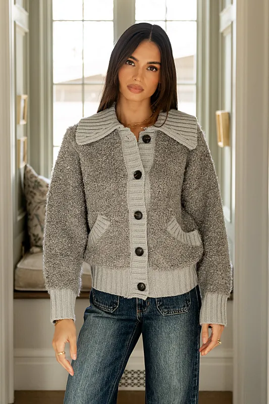 Jonah Collared Cardigan in Grey sold by bohme