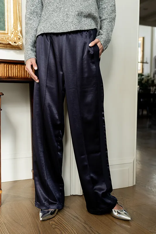 Gemma Satin Wide Leg Pants in Navy sold by bohme