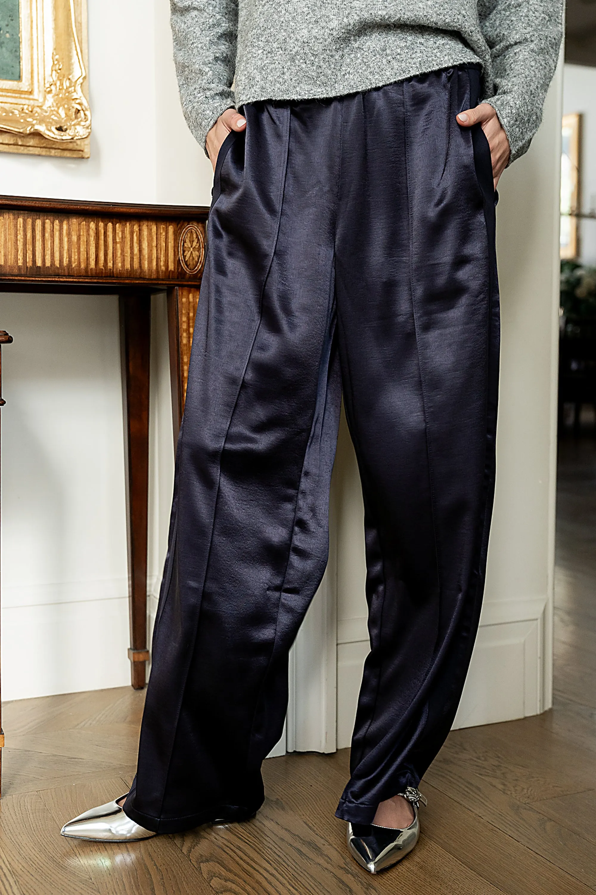 Gemma Satin Wide Leg Pants in Navy sold by bohme product image thumbnail 4