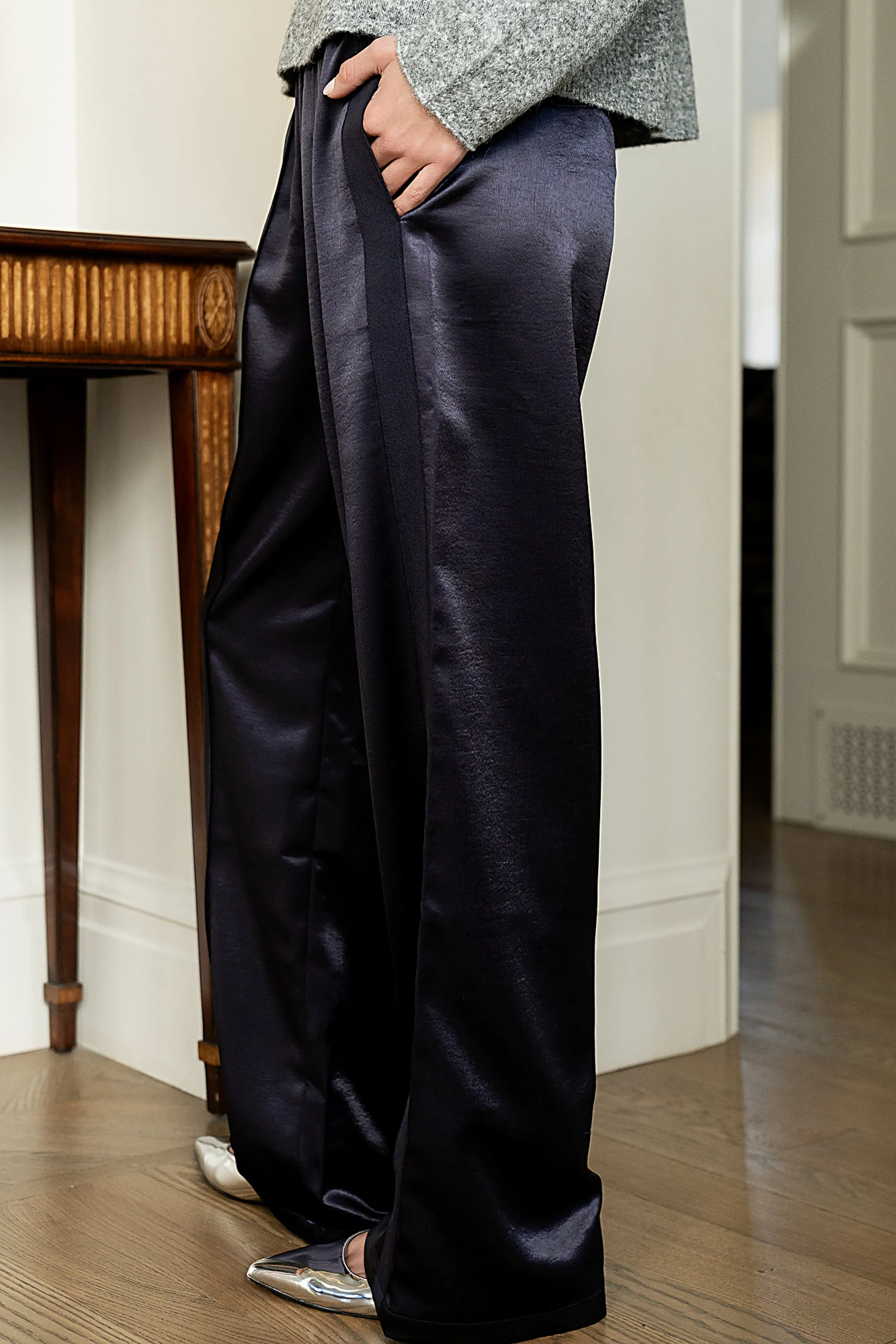 Gemma Satin Wide Leg Pants in Navy sold by bohme product image thumbnail 2