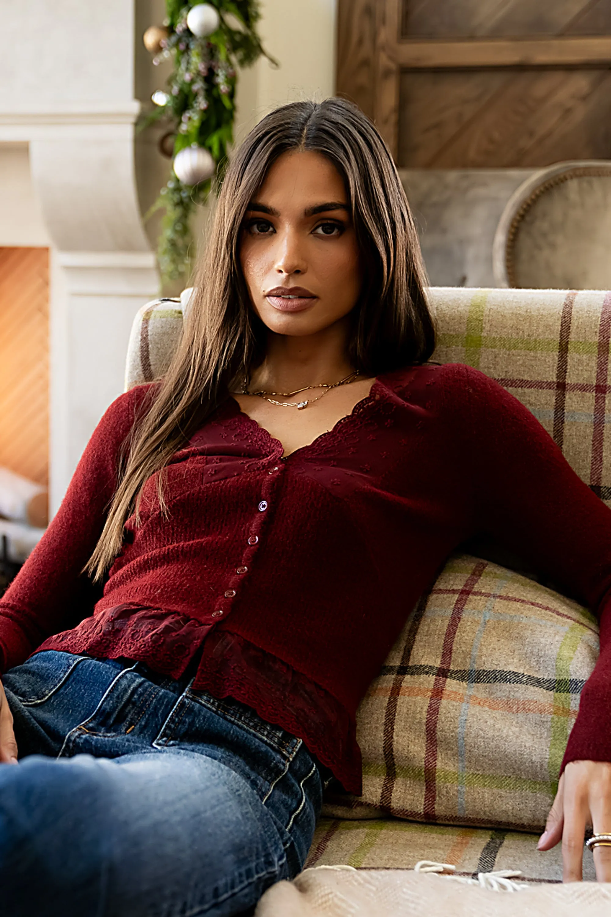 Angie Lace Trim Sweater in Red sold by bohme product image thumbnail 3