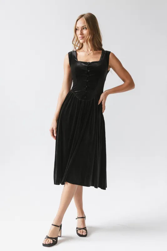 May Velvet Midi Dress in Black sold by bohme