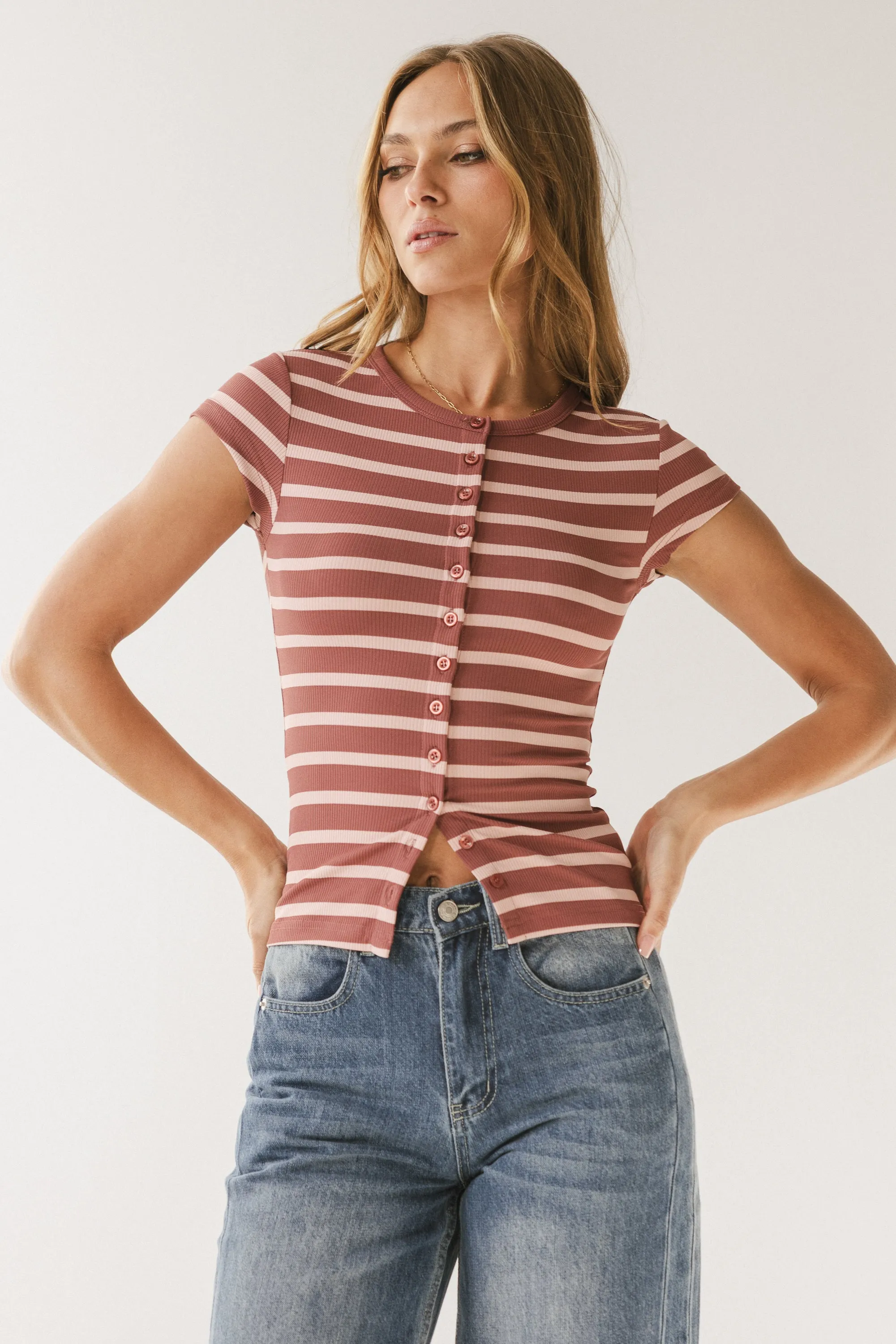Vestia Striped Button Up Tee in Pink sold by bohme product image thumbnail 3