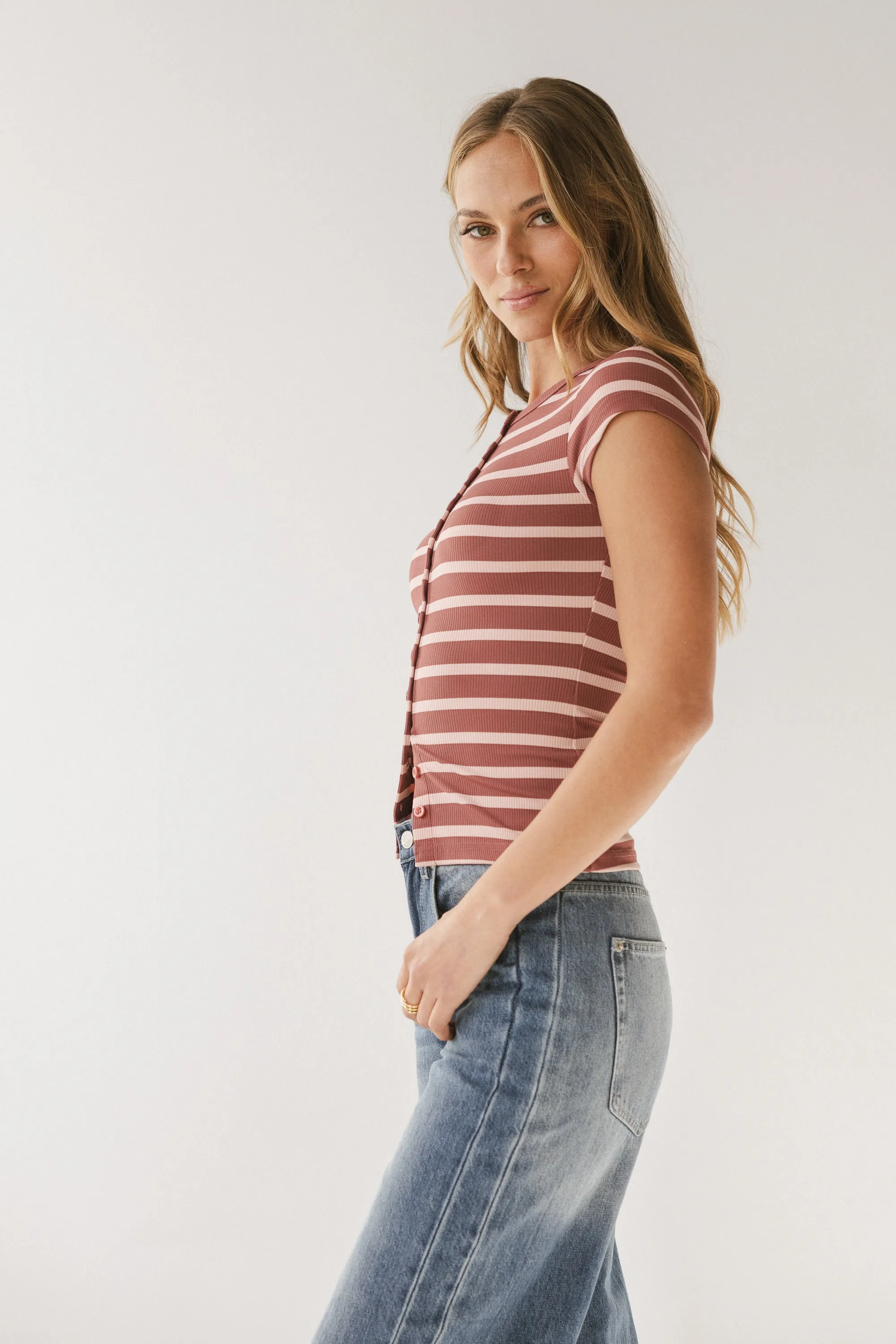 Vestia Striped Button Up Tee in Pink sold by bohme product image thumbnail 4