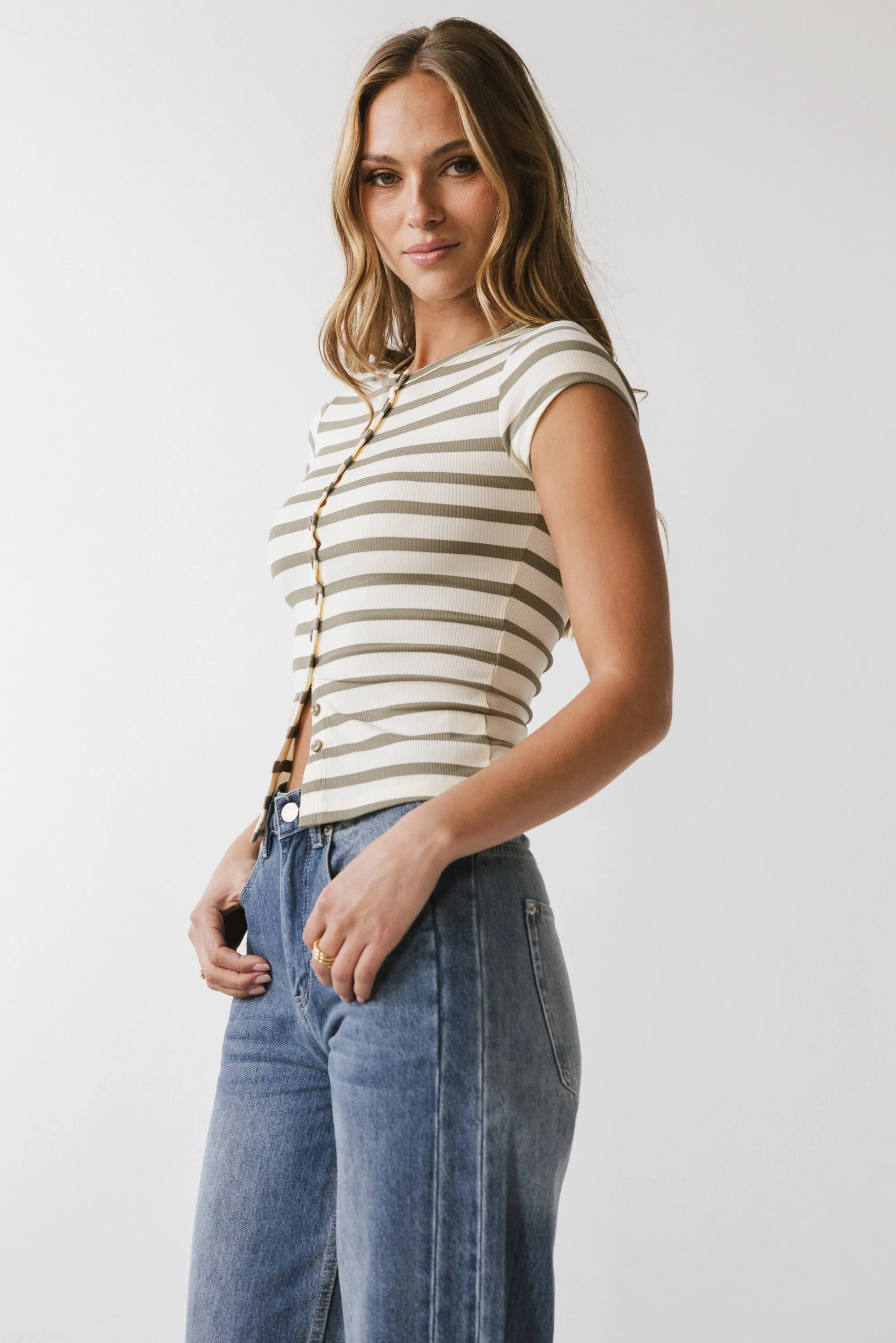 Vestia Striped Button Up Tee in Sage - FINAL SALE sold by bohme product image thumbnail 4